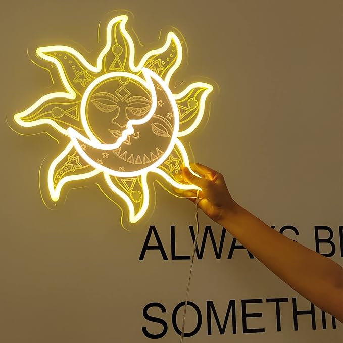 Sun Moon Neon Sign - Retro Vintage Funny Psychedelic Mystic Burning Led Neon Light, Handmade Aesthetic 3D Engraving Night Lamp for Wall Decor Bedroom Birthday Gift Home Party - 15''