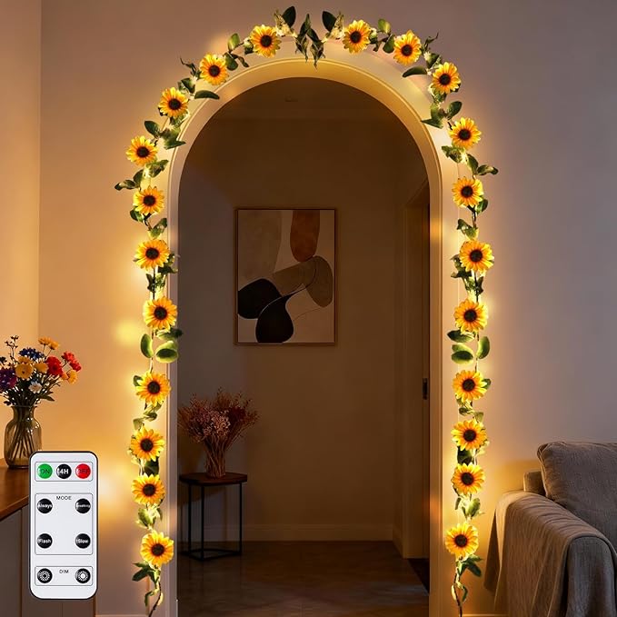 GOESWELL Artificial Sunflower Garland with String Light: 7.2ft Fake SilkFlowers Vines with Green Leaves and Remote Control -Hanging Garland Decor for Wall Party Wedding Table CenterPieces Decoration