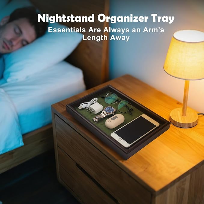 Zosenley Wooden Valet Tray with Leather Base - Nightstand Catchall Organizer for Cologne, Perfume, Keys, Wallet, Phone, Watch, Jewelry & Sunglasses (Green)