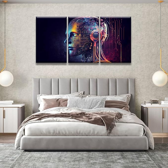 LSIUHWUWI 3 Panel Modern Wall Art Humanoid Head with Blue and Yellow Eyes Pictures Print on Canvas Wall Art for Bedroom Living Room Home Office Wall Decorations Framed Ready to Hang 16x24inchx3