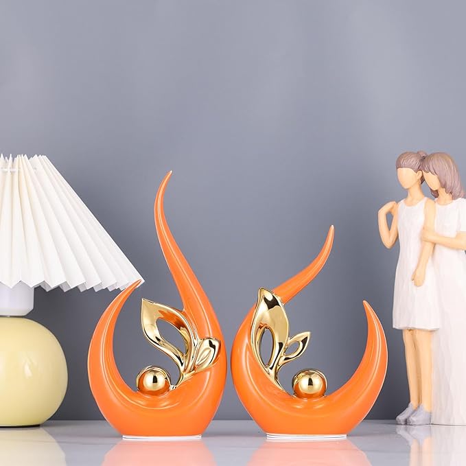 XMGZQ Burnt Orange Gold Ceramic Statues for Home Décor Accents,Abstract Art Mid Century Modern Decor,Elegante Centerpiece Table Decorations,Sculpture for Entryway,Shelf,Tv Stand,Mantel,Coffee Table