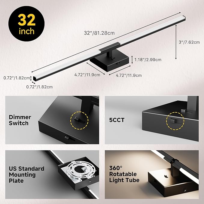 Vanity Lights 32 inch, 4-Level Brightness Built-in Dimmer, 18.5W Dimmable 5CCT Bathroom Light Fixtures Over Mirror, Black Vanity Lights for Bathroom Mirror Bedroom-FCC & ETL Certified