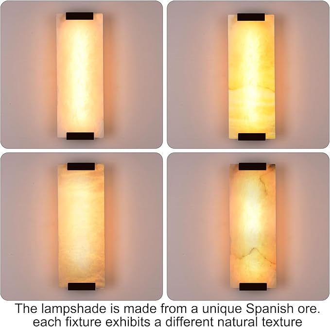 14.2in Alabaster Wall Sconces, Large Natural Marble Wall Sconces Set of Two, LED Modern Wall Lamp for Bedroom, Stairs, Living Room, Vanity, Bedside, Hallway （Black 12W）