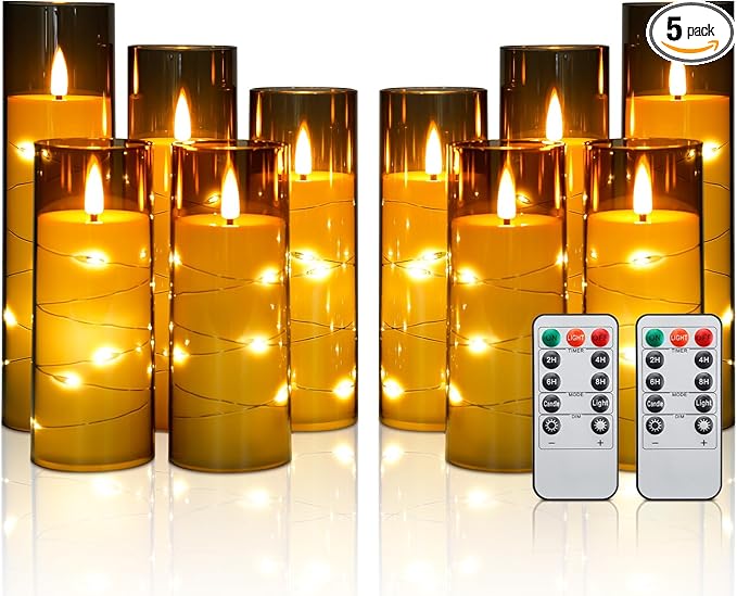 Enido Flameless LED Candles with Remote & Timer, Battery Operated Acrylic Pillar Set, 10 Pc Flickering Electric Lights with Embedded Star String for Cozy Home & Holiday Romantic Decor (Matte Grey)