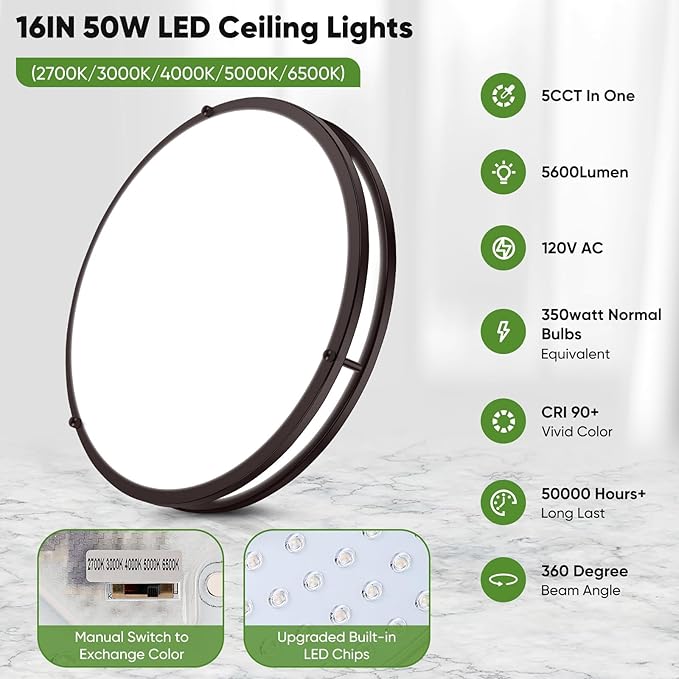 TOBUSA 16in 50W LED Flush Mount Ceiling Lights 5600lm Super Bright, Dimmable LED Light Fixtures 2700K-6500K 5CCT Adjusted, 2-Pack Modern Brown Light Fixture Ceiling for Living Room Bedroom Kitchen