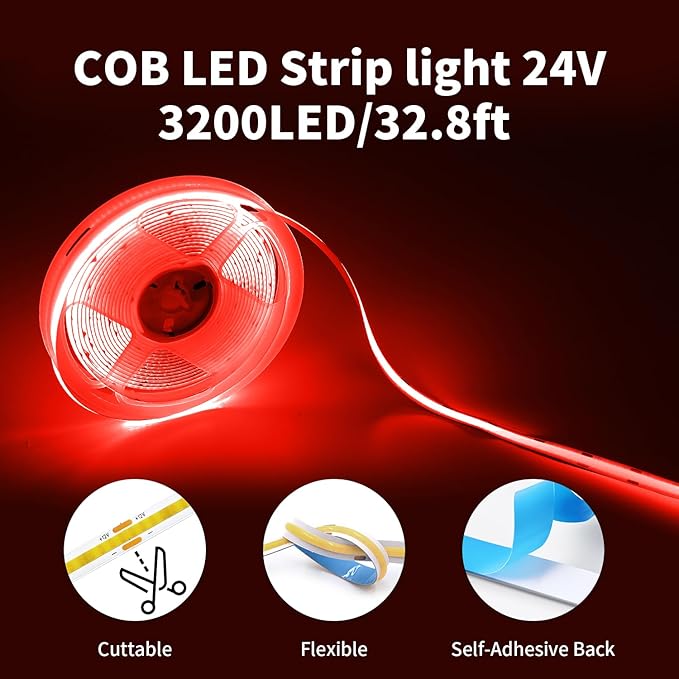 32.8FT/10M Red COB LED Strip Lights, Cuttable LED Tape Lights 3200 LEDs High Bright CRI 93+ Flexible Light Kit for Bedroom, TV Backlight, Mirror, Gaming Room Decor(No Plug)