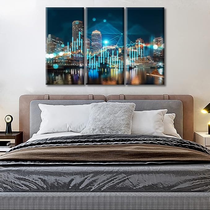 TUMOVO Wall Decor Living Room 3 Piece Forex Financial Graph and Chart Hologram Paintings Rustic Home Decor Posters and Prints Stretched and Framed Ready to Hang (36" Wx24 H)