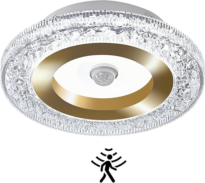 UOFUS Motion Sensor LED Ceiling Light Indoor Wired 7.84inch Gold Flush Mount Light Fixture 6400K Motion Activated Light for Closet Hallway Laundry Stairs Shower Porch Garage Basement