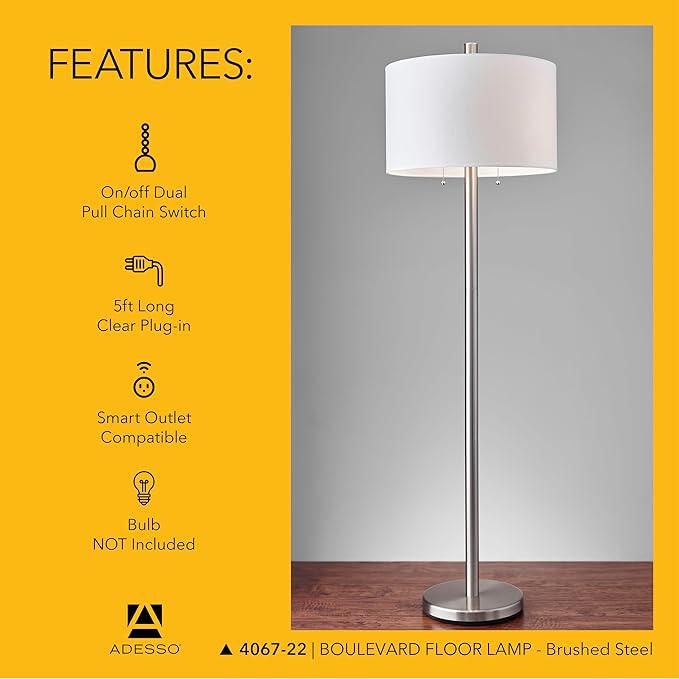 Adesso Floor Lamp with Dual Pull Chains, Brushed Stee; Finish, White Fabric Lampshade – Bedroom, Home Office Lighting, or Living Room Decor, 61” x 18.5”