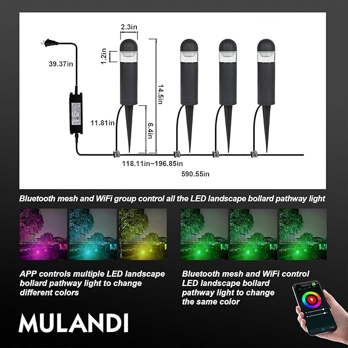 Smart WiFi/BLE LED Pathway Lights (4 Pack) - APP Controlled Color Changing Low Voltage Outdoor Landscape Lighting, Music Sync, 12V Die-Cast Aluminum Bollard Lights for Garden