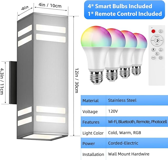 SHIMR Smart Outdoor Wall Lights 2 Pack, RGB Color Changing WiFi & Bluetooth Sconce, Stainless Steel, Dusk to Dawn Sensor, Waterproof Exterior Lighting Fixture with E26 Base, Work with Alexa & Google