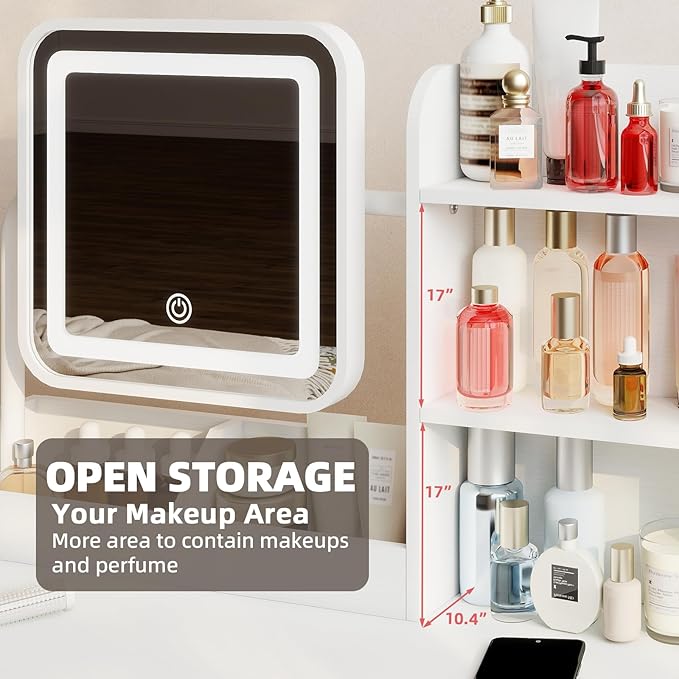 Compact Makeup Vanity for Girls with Mirror and Lights, White Vanities Desk with 2 Drawers and Charging Station, Modern LED Lighted Bedroom Dressing Table