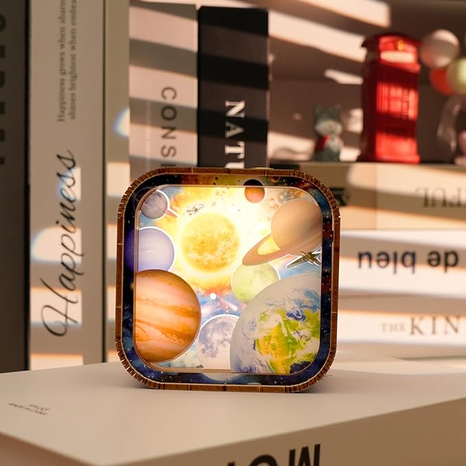 3D Wooden Puzzle Night Light DIY LED Wooden Lamp Kit for Adults Desk Decor Educational Art Project Table Ornament and Unique Gift (Solar System)