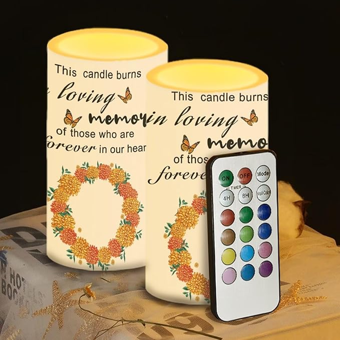 Personalized LED Memorial Candle for Loss of Loved One 2 Pack 6 x 3 inch Flameless Candles Orange Battery Operated Candles with Multicolor Timer Remote Control Flameless LED Fake Candles