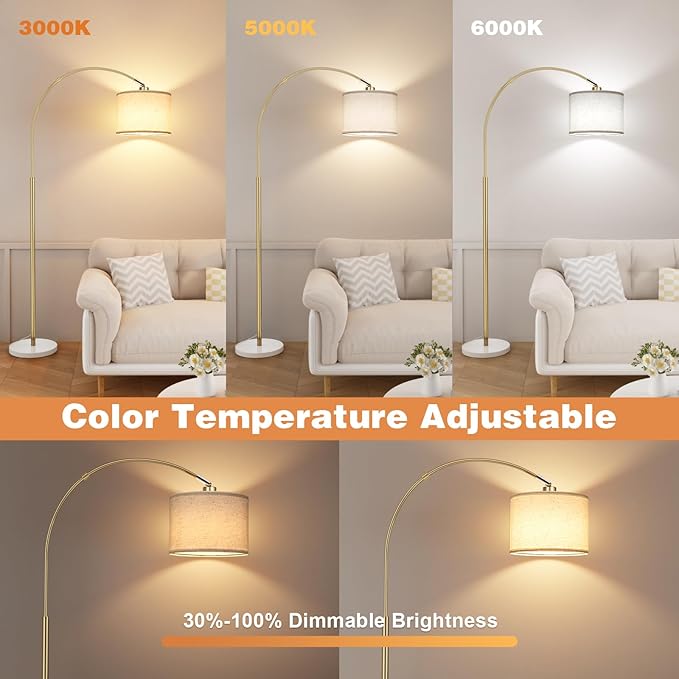 Ambimall Dimmable Arc Floor Lamp with Remote, Color Temperatures and Brightness Adjustable, Arched Floor Lamp with Rotating Head, Over Couch Arched Reading Light for Living Room (Marble Base)