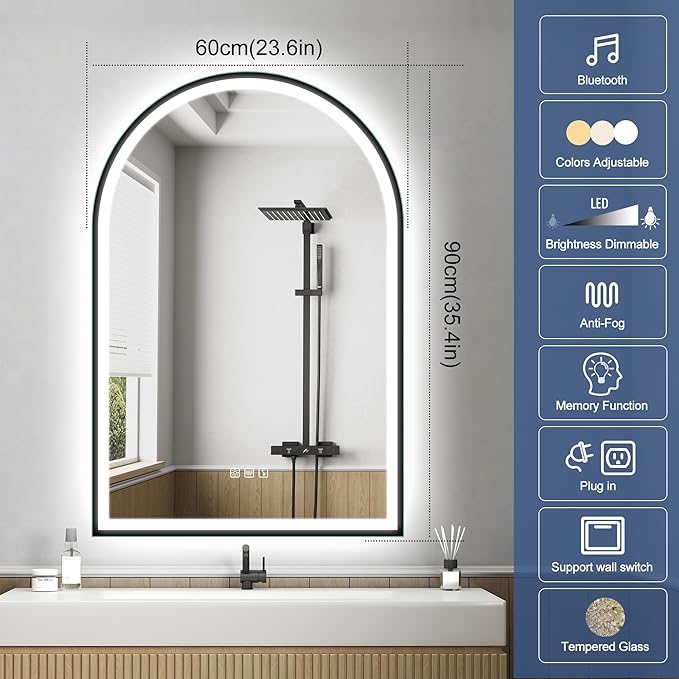 STARLEAD 36"x24" Black Frameless Arched LED Bathroom Mirror with Bluetooth Speaker, Dimmable Lighting, 3 Color Temperature, Anti-Fog, Touch Control Wall Mounted Vanity Mirror
