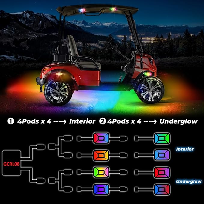 8PCS 12V-72V Golf Cart Lights, RGB Led Underglow Light Kit with 2 Remotes and App Control, Voltage Converter, Waterproof, Sound Active, Battery Drain Protect Kill Switch Golf Cart Underglow Lights