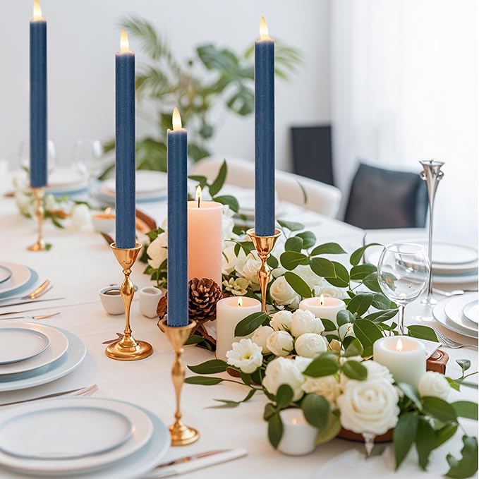 Flameless Taper Candles with Remote, Real Wax Battery Operated LED Candles Set with 3D Flickering Flame, 9.6" Realistic Dripless Candlesticks for Wedding Home Decor, 3 Pack Blue