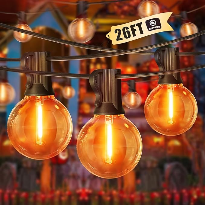 LAMPHOME 4-Pack Globe Outdoor Halloween String Lights, 26FT Patio Lights with 12+1 Edison Shatterproof Bulbs(1 Spare), Connectable Dimmable Orange Lights for Backyard Porch Halloween Decor