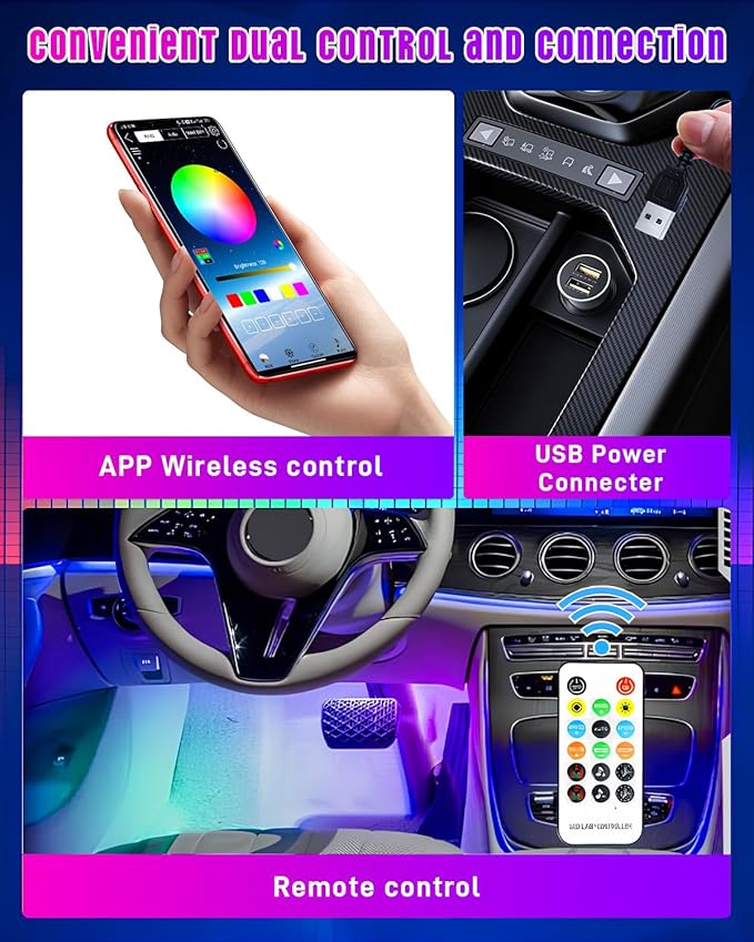 5.9FT Car LED Strip Lights, 72LEDs Smart RGB Car Interior Lights with APP & Remote Dual Control, Multicolor Music Sync and Mic Mode 4-in-1 Lines Design LED Lights for Car Decor