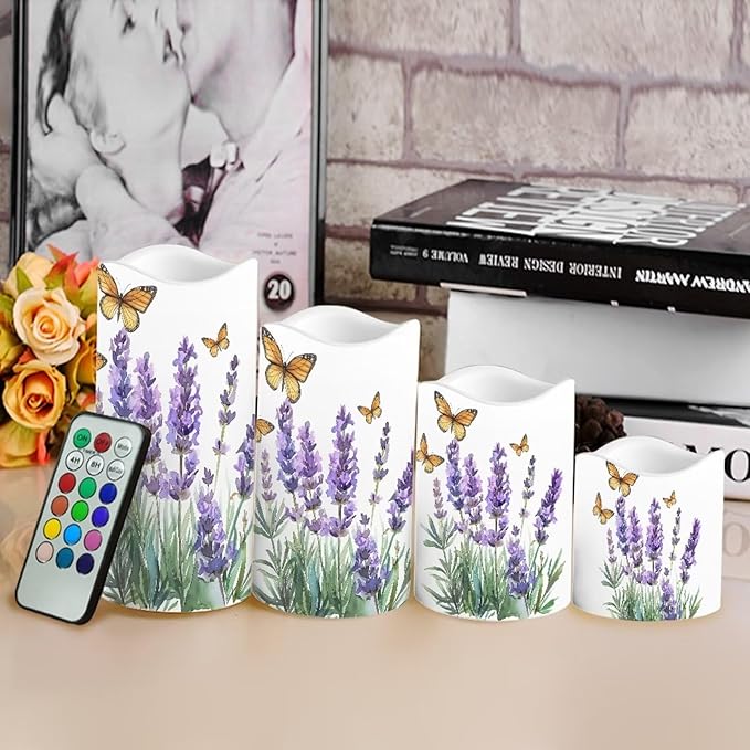 Lavender Butterfly Flameless Candles Bulk Timer Battery Operated Candles with Remote Color Changing Electric Pillar Led Candles Room Home Dining Table Decorations Tea Light