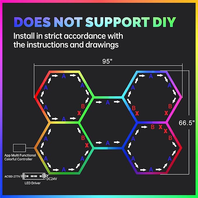 LED ENERGY PLUS RGB 5 Pack Hexagon, 24 Pack Tube Lights, RGB Garage LED Tube Light, 358 Color Modes, Remote Control & Smart App Control, IP54 LED Ceiling Lights for Gaming Room, Gym, Party, Bar