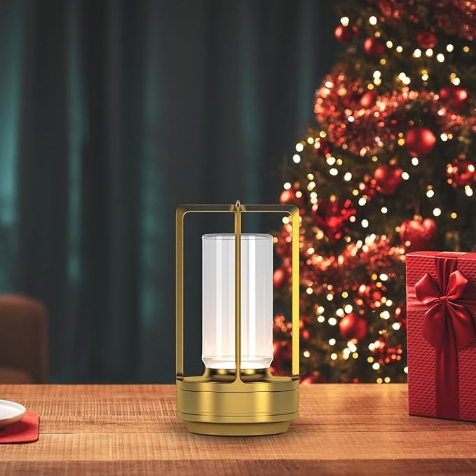 Portable Metal Table Lamp for Indoor/Outdoor ,Rechargeable Cordless LED Lamp, 3-Colour Infinitely Dimming Battery Powered Small Desk Lamp, Restaurant/Bedroom/Bar/Coffee/Camping Light (Gold Set of 2)
