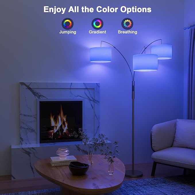 36W RGB Arc Floor Lamp with 3 White Fabric Shades, 3000LM Super Bright Standing Lamp with Remote Control & Touch, Stepless Dimming, Individual Light Control for Living Room, Bedroom
