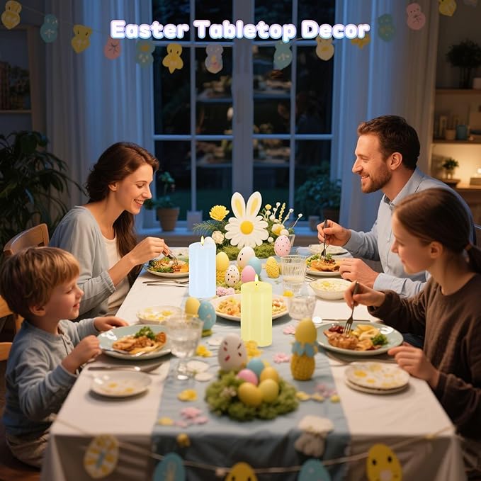 Pastel Flameless Candles, Set of 2 6"x3" Flickering Spring LED Candles with Remote & Timer, Dimmable Real Wax Easter Pillar Candles Battery Operated, Electric Candles for Home Spring Easter Decor