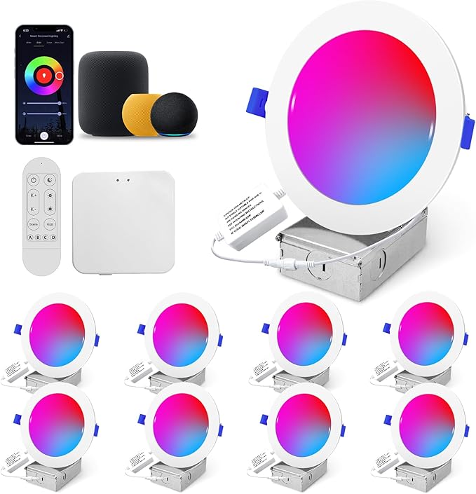 Wi-Fi & Bluetooth Smart Recessed Lighting 6 Inch RGB Downlight Can Lights – 13W 1100LM 93CRI, Ceiling Light with Signal-Boosting Mesh Gateway, Alexa/Google/Siri & Remote/App/Switch Control, 8 Pack