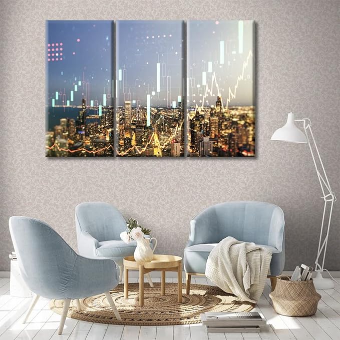 3 Panels Abstract Virtual Financial Graph Hologram on Chicago Cityscape Background Financial and Trading Concept Pictures Wall Art for Bedroom, Living Room, Office. Framed Ready to Hang (42"Wx28"H)