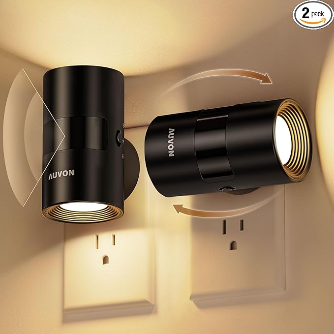 AUVON LED Night Light Plug in, Modern Motion Sensor Night Light with 90° Rotatable Design & Dusk to Dawn Sensor, Dimmable Night Lights 1-100LM Warm White 2700K for Bedroom, Hallway, Stairway, 2 Packs