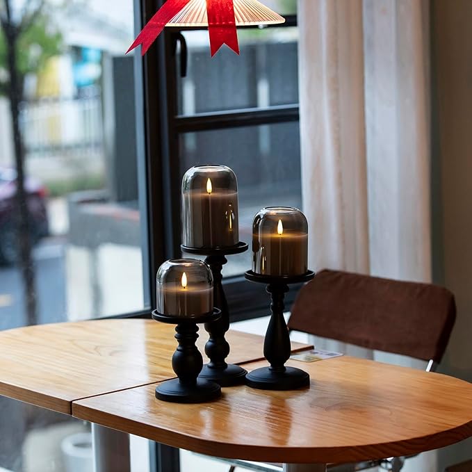 Gray Glass Flameless Candles Set of 3 (Φ 4" H 4" 5" 6") with Remote Battery Operated Flickering LED Pillar Candles Real Wax 3D Wick