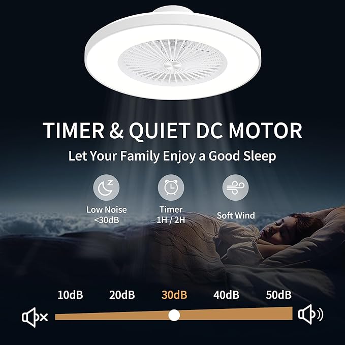 24" Enclosed Ceiling Fan with Light, Low Profile Bladeless Ceiling Fan for Bedroom, 6-Speed Quiet Flush Mount Ceiling Fan with Remote & APP Control, 3-Color Dimmable LED, White