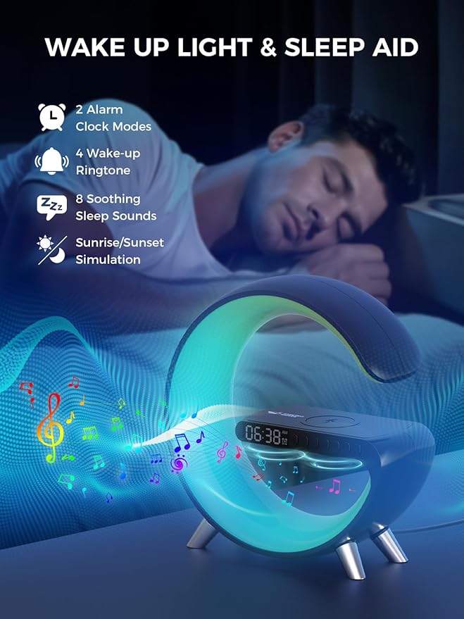 Smiling Shark Wake Up Light, Wireless Charger Atmosphere Desk Light with Bluetooth Speaker White Noise App Control Dimmable Sunrise & Sunset Simulation Dual Alarm Clock Smart Light for Home Decor