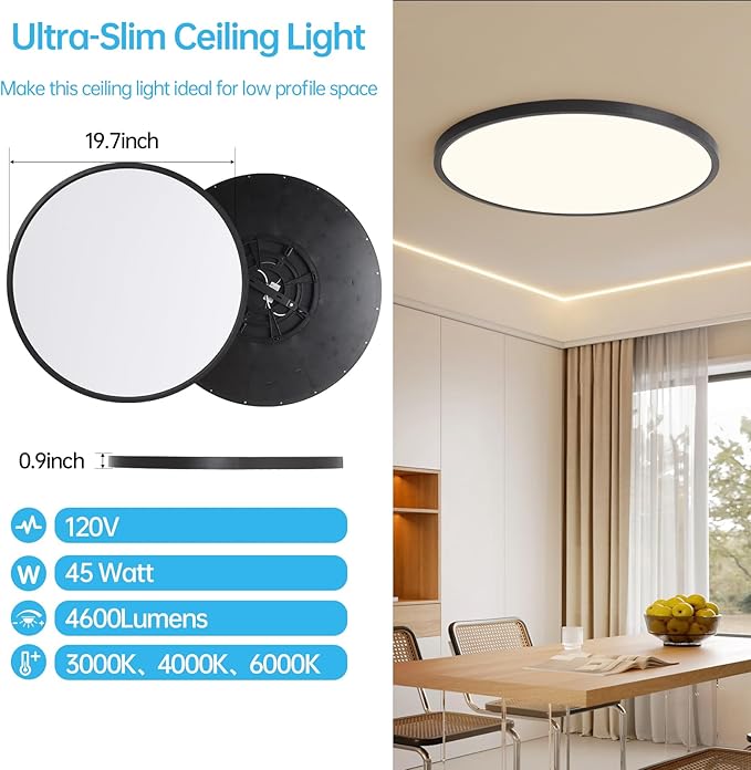 20 Inch Large LED Flush Mount Ceiling Light Fixture,45W,4600LM,3000K/4000K/6000K CCT Selectable,0.9 inch Super Slim Round Ceiling Light for Bedroom,Hallway,Kitchen (Dimmable Black 2PK)