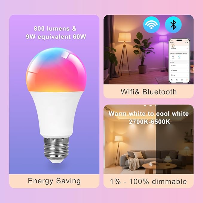 Smart Light Bulbs, WiFi & Bluetooth Light Bulb, Work with Alexa and Google Home, A19 E26 RGBCW LED Color Changing Light Bulb, 16 Million Colors, Dimmable 2700K-6500K, 9W, 800 Lumens 4 Pack