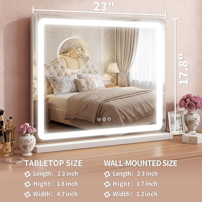 HNV 23"x17.8" Vanity Mirror with Lights, LED Makeup Mirror, Hollywood Lighted Mirror with 3 Color Modes & Adjustable Brightness, Smart Touch Control, White