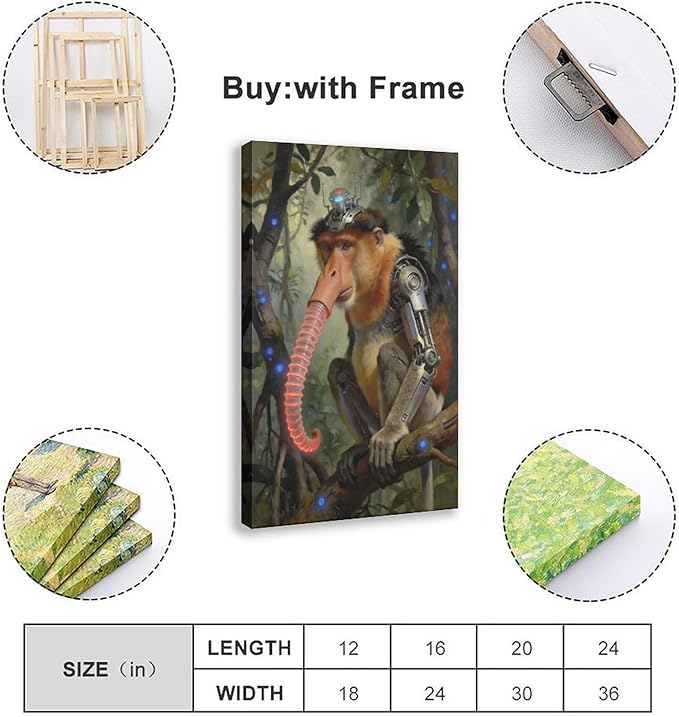 Framed Steampunk Mechanical Proboscis Monkey Wall Art - Jungle Neon Retro Poster for Apartment Leisure Area Decor 24x36inch(60x90cm)