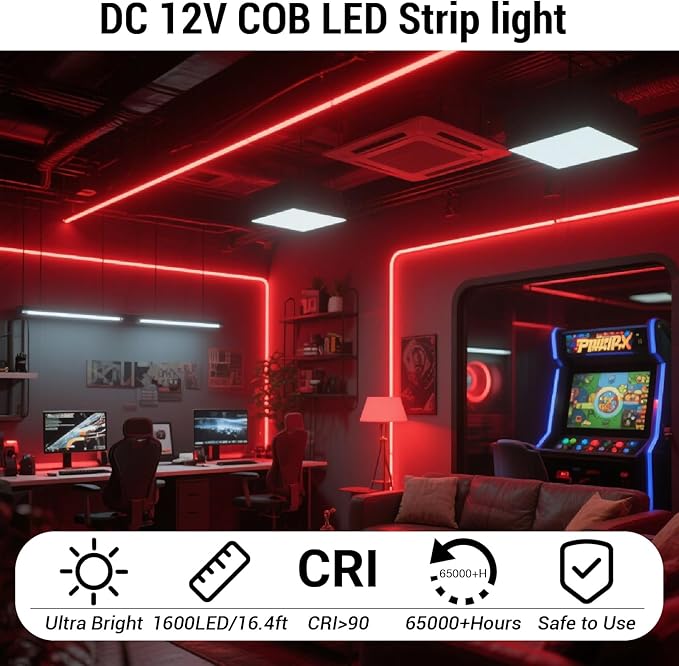 HAMRVL COB LED Strip Lights Red, 16.4ft DC12V Dimmable COB LED Lights with 1600 LEDs,Touch Dimmer,12V Adapter,Bright Dotless Adhesive Indoor Red LED Strip Lights for Cabinet Home DIY Lighting Projects
