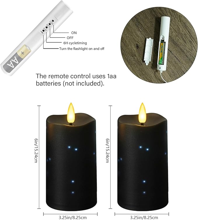 Flameless Candles Embeded Twinkle Starlight, Waterproof LED Flameless Candles with Remote, Plastics Realistic Pillar Candles for Home Decor, Outdoor Garden, Patio Decor 2pcs(Black)