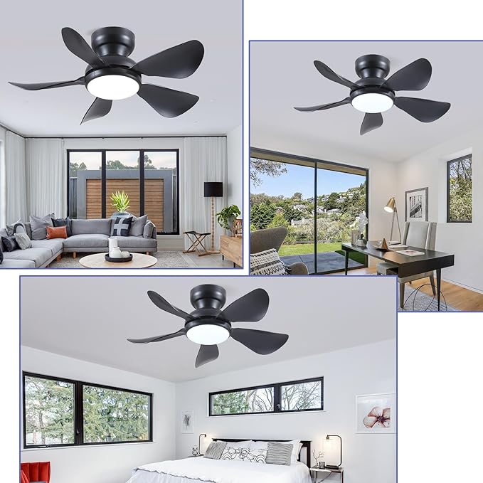 32 Inch Modern Ceiling Fans with Lights, Small Flush Mount Ceiling Fan with Light and Remote/APP Control, 5 Reversible 6 Speeds Curved Blades, 3 CCT Dimmable Lights for Bedroom, Black