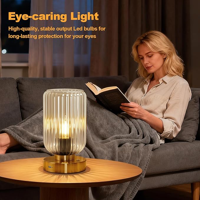Touch Table Lamp for Nightstand - Small Bedside Lamps for Night Stands Bedroom Living Room, Dimmable Rechargeable Desk Lamp Battery Operated with Clear Glass Shade, Bulb Included