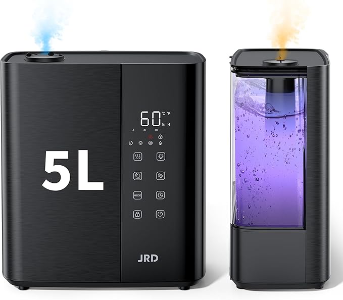 JRD Warm & Cool Mist Humidifiers for Bedroom 5L, Quiet Ultrasonic Air Humidifier Fast Symptom Relief, 50H Runtime, Oil Diffuser, 12H Timer, 7 Color Light for Large Room, Office, Baby, Plants-Black