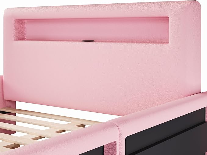 MERITLINE Full Size Upholstered Platform Bed with Drawer, App-Controlled RGB LED Light Strip & USB Port, PU Fabric Storage Bed (Pink) | LED light, Storage Drawer