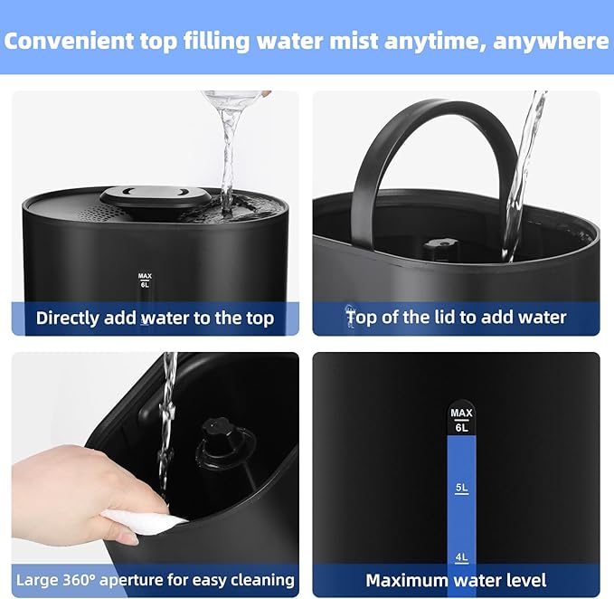 6L Humidifiers for Bedroom Large Room Home,Cool and Warm Humidifier for Baby and Plants Hot Mist Top Fill Desk Humidifier Oil Diffuser,Quiet,Auto Mode,360°Nozzle-Midnight Black(2026 Upgraded)