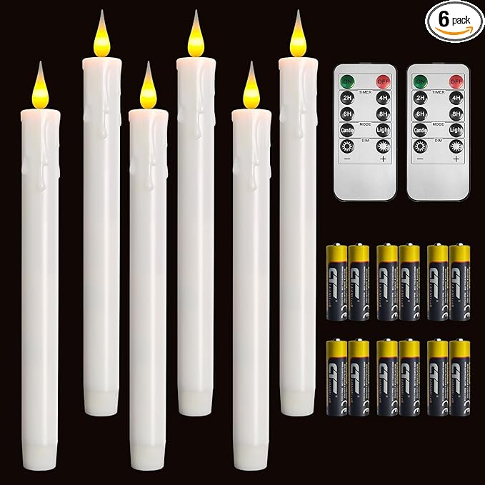 Flameless White Taper Candles with Remote Control, Battery-Operated LED Warm Light 3D Wick Lamp Window Decor Candles, 6-Pack, Christmas Home Decor, Wedding Decorations.