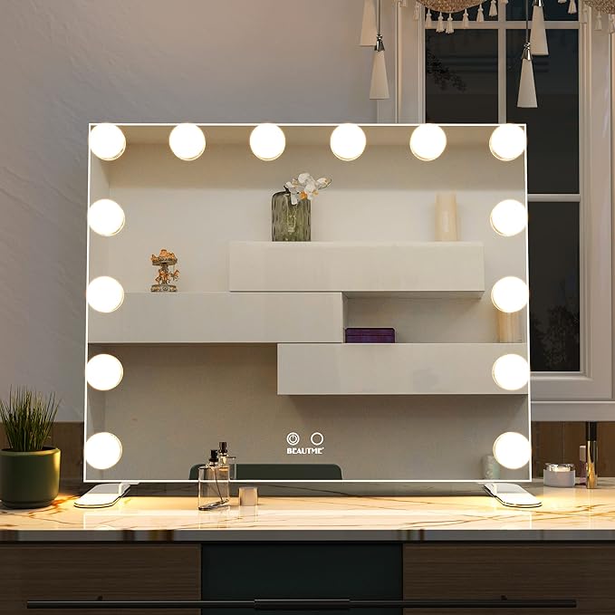 BEAUTME Vanity Mirror with Lights, Hollywood Makeup Mirror with 14pcs Dimmer Bulbs, Smart Touch Control,Tabletop/Wall Mounted for Bedroom, Bathroom, Dressing romm, White 20 x 23.6 Inch