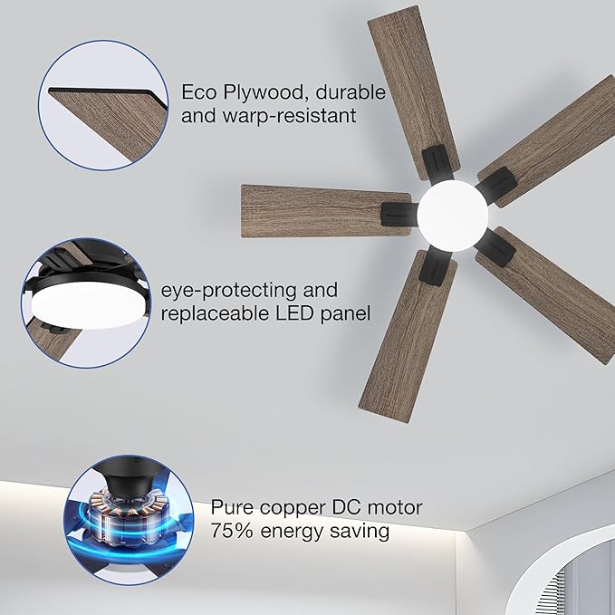 42 Inch Ceiling Fans with Lights,Smart Low Profile Ceiling Fan with Light and Remote Control,Alexa,APP,Black Flush Mount Ceiling Fans for Bedroom,Patio,PorchOutdoor Indoor Use,5 Blades,Dimmable,Quiet