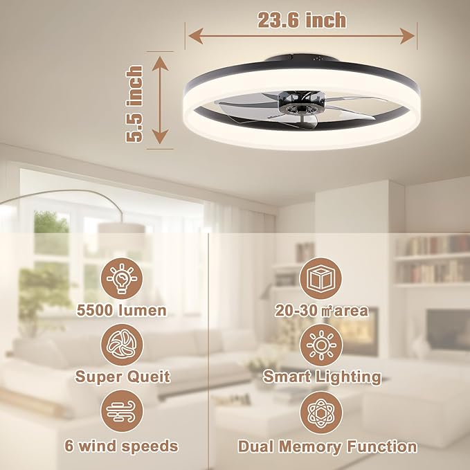 VOLISUN Low Profile Ceiling Fan with Light and Remote, 23.6in Flush Mount, Dimmable LED Fan Light, Bladeless for Bedroom (Black)